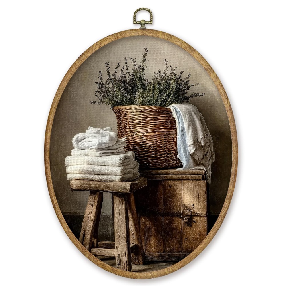 Vintage Laundry Room Oval Wall Art Decor, Farmhouse Laundry Basket Canvas Pri...