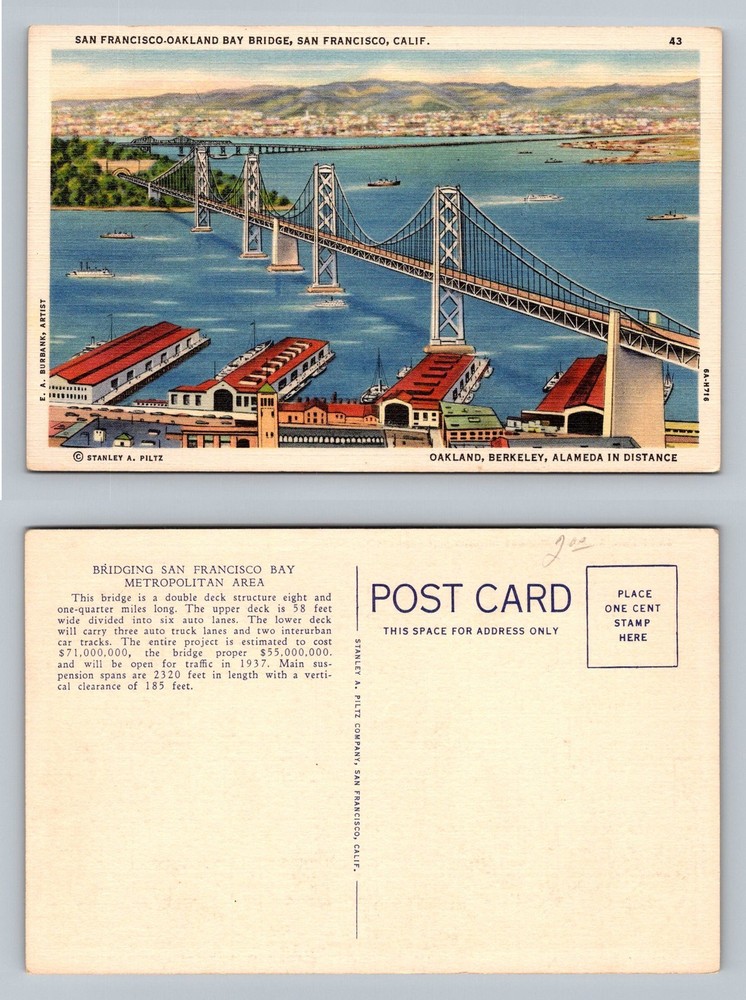 San Francisco, CA-California, Oakland Bay Bridge Aerial View Vintage Postcard