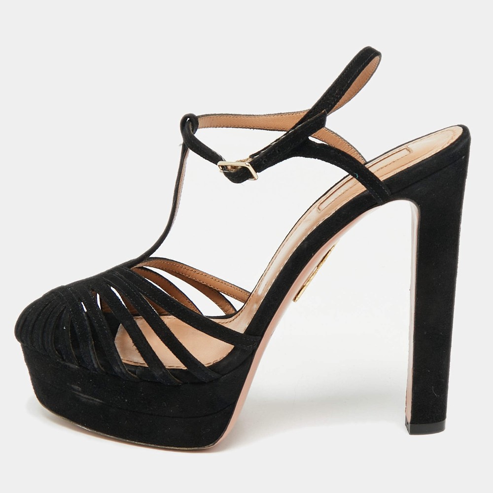 Aquazzura Black Suede Platform Ankle Strap Sandals Size 385