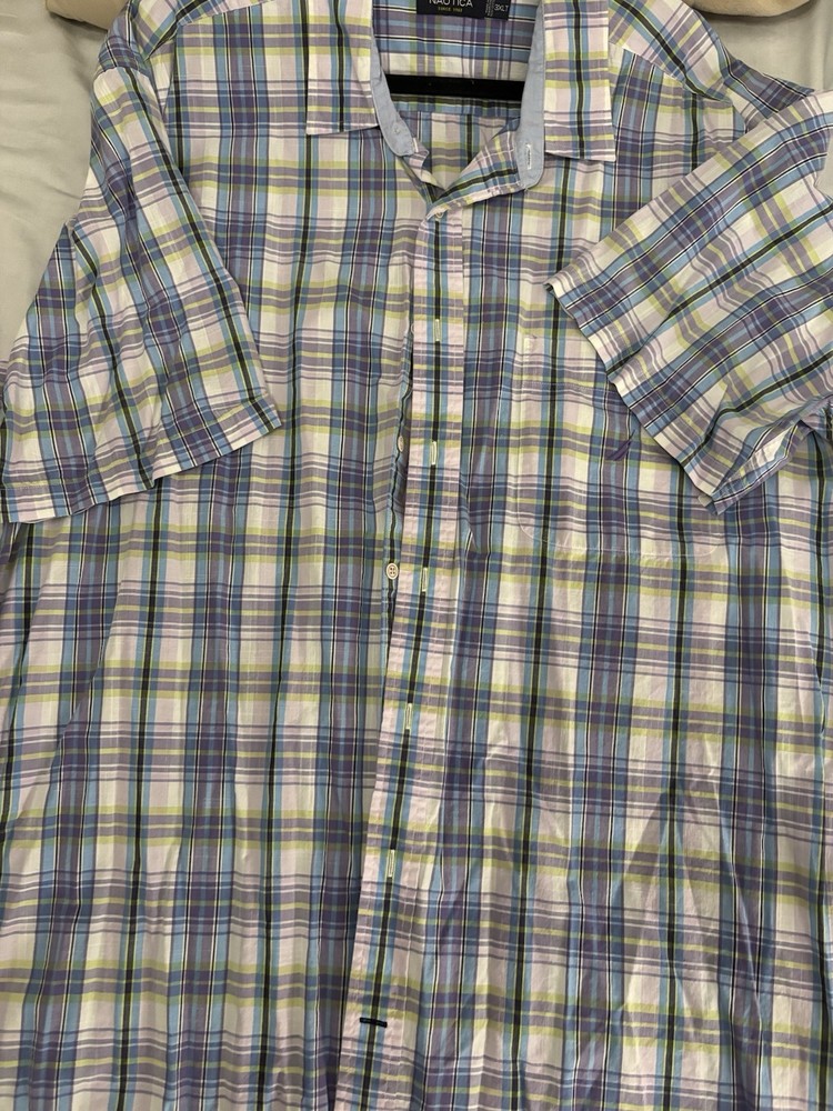 Nautica Men's Blue Green Plaid Cotton Short Sleeve Button-Up Shirt 3XLT