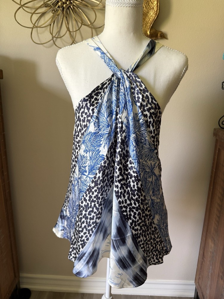 Banana Republic 100% Silk Halter Top Women’s Large Blue Animal Print Tie Neck