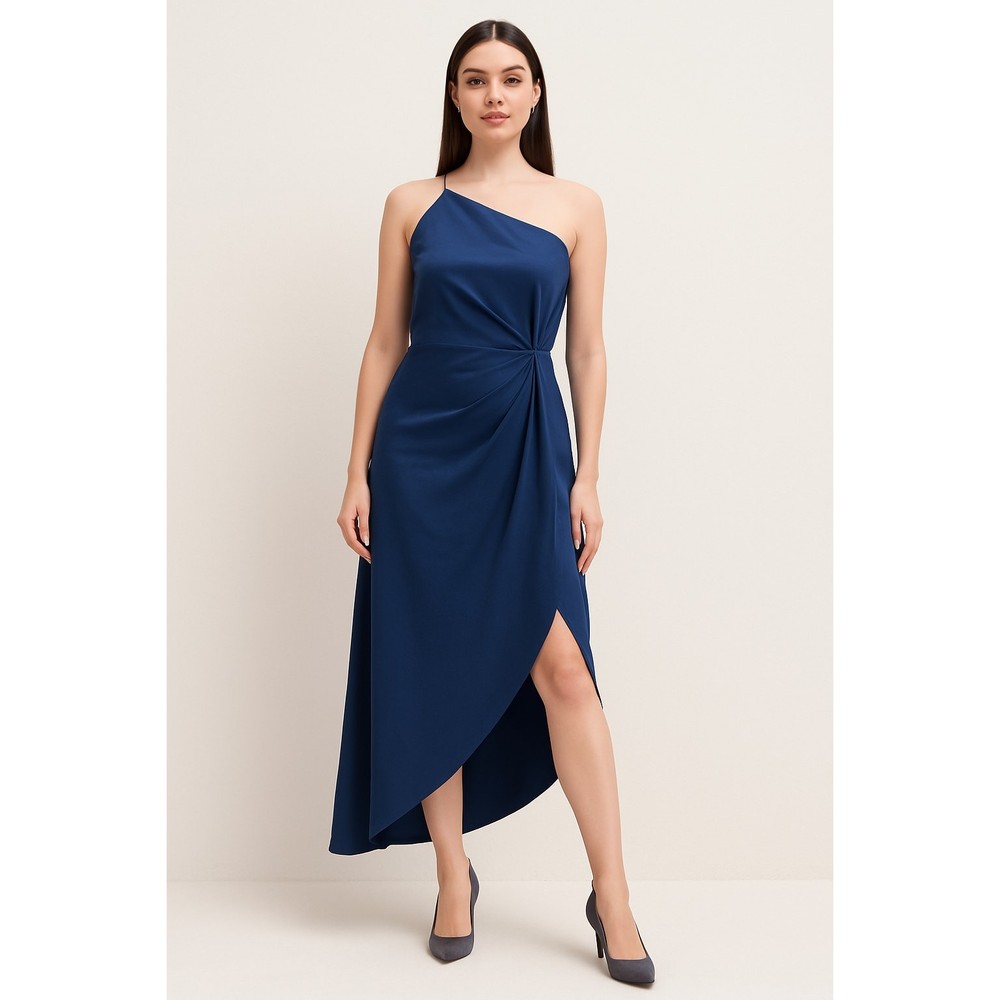 OPT Anthropologie Satin Wrap Midi Dress Small Navy One Shoulder Asymmetric **