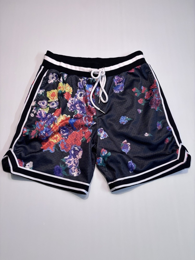 mnml Men's Black Mesh Basketball Shorts Floral Print Drawstring Elastic Waist S