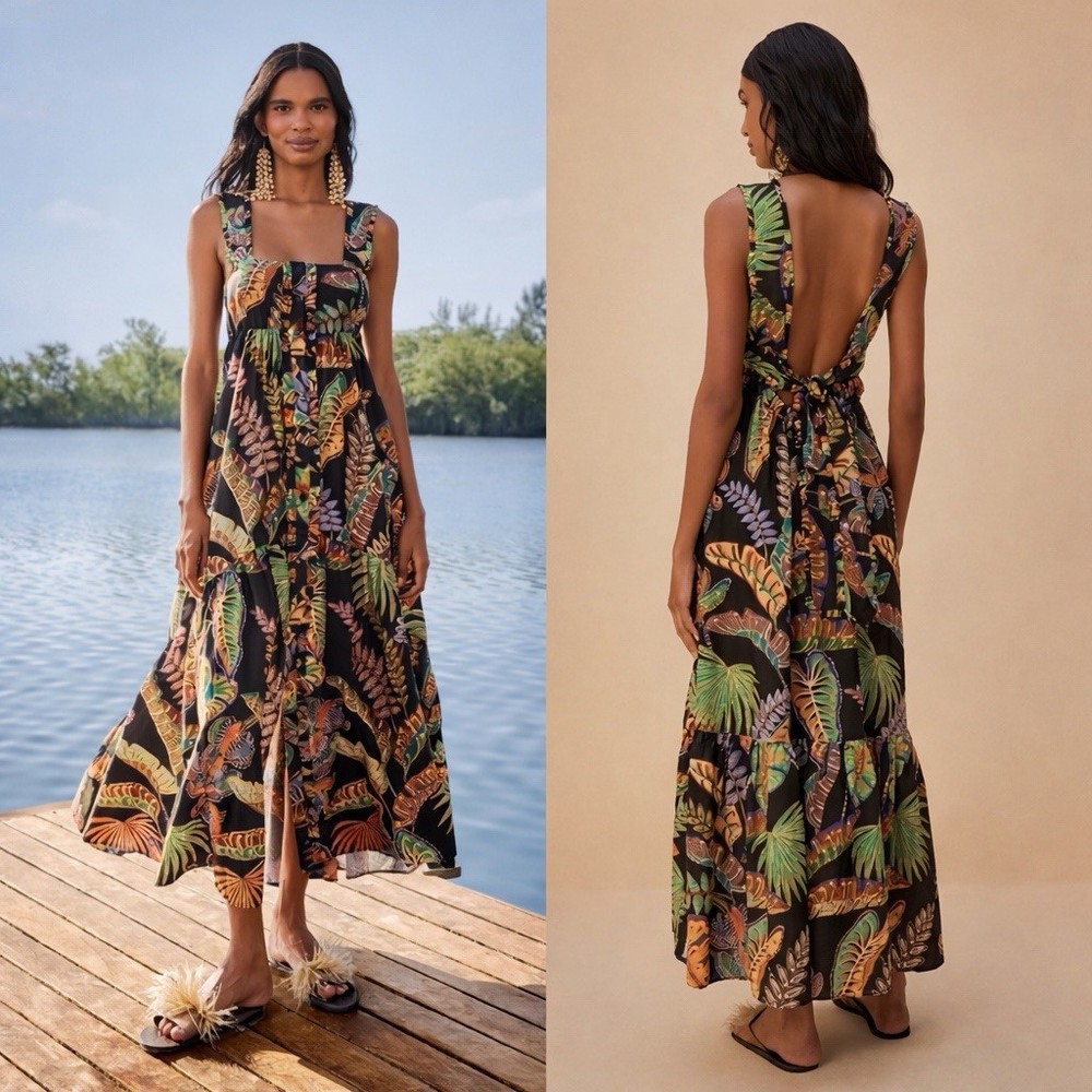 Farm Rio Cool Foliage Black Sleeveless Maxi Dress/Size XXS