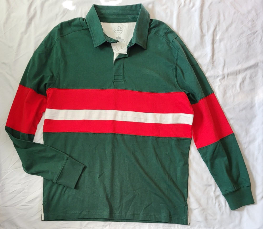 St. John's Bay Shirt Men's Medium Green Red White Rugby Stripe Long Sleeve Polo