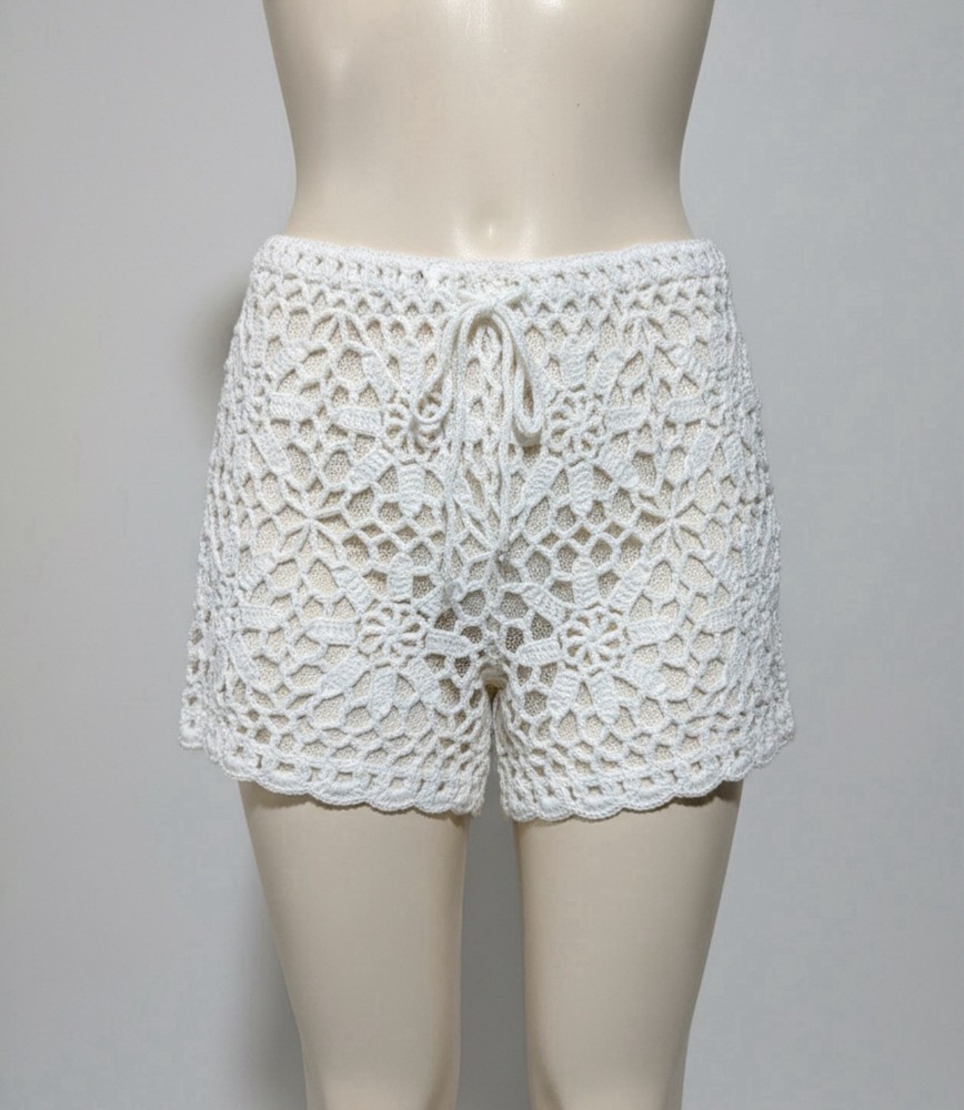 Women’s White Crochet Coverup Shorts Boho Beach Festival Size S/M
