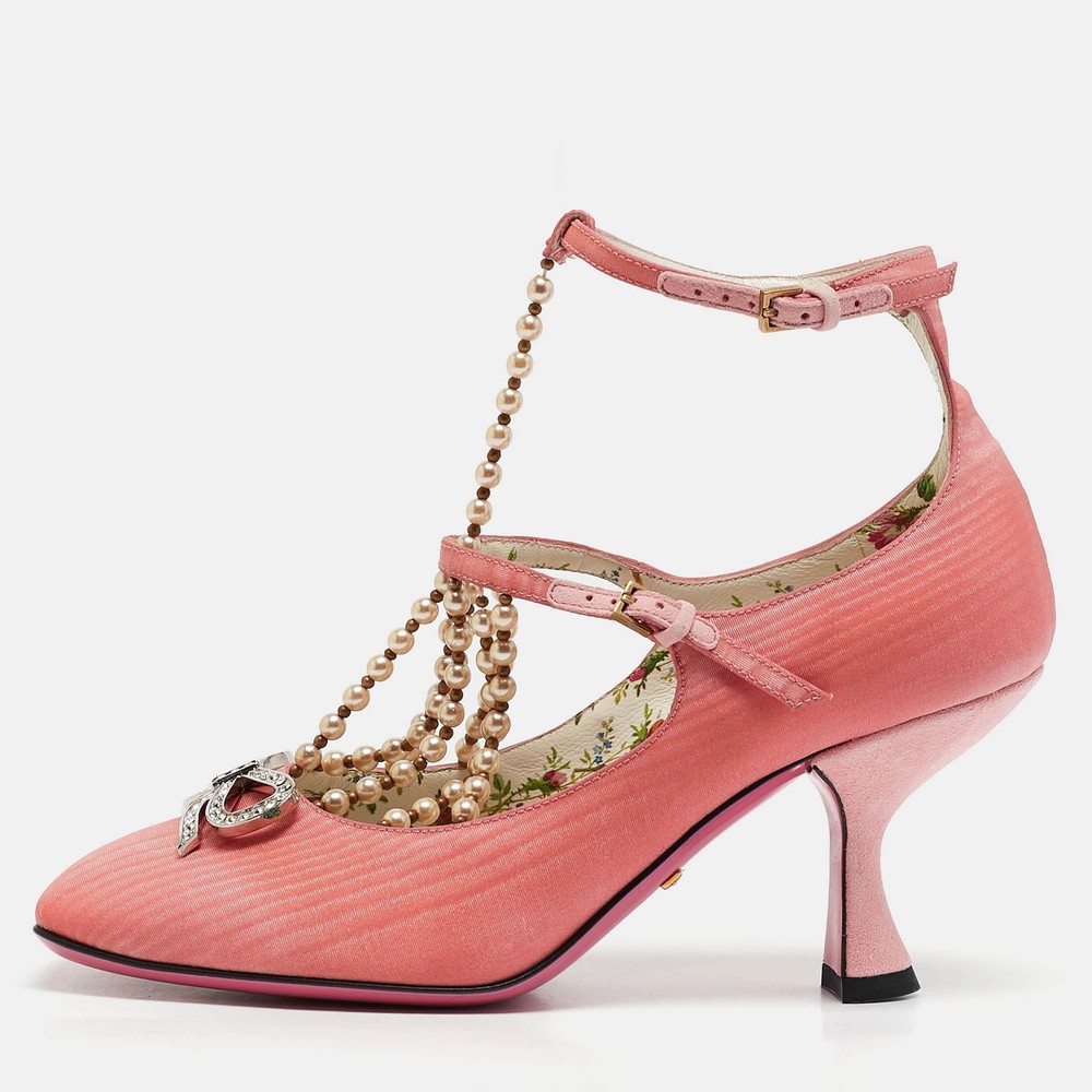 Gucci Pink Fabric Pearl Embellished T-Strap Pumps Size 35
