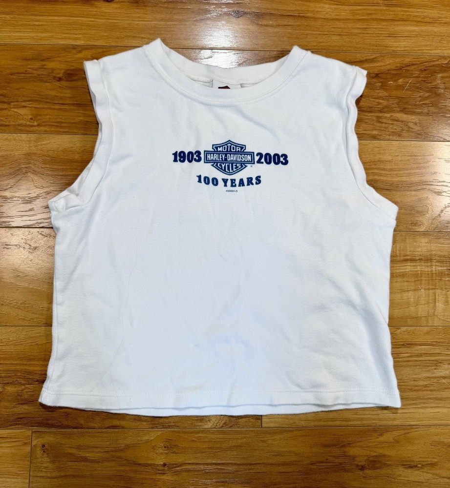 VTG Harley Davidson White Cropped Baby Tee Tank Top XL 2000s Y2K USA Made Sexy
