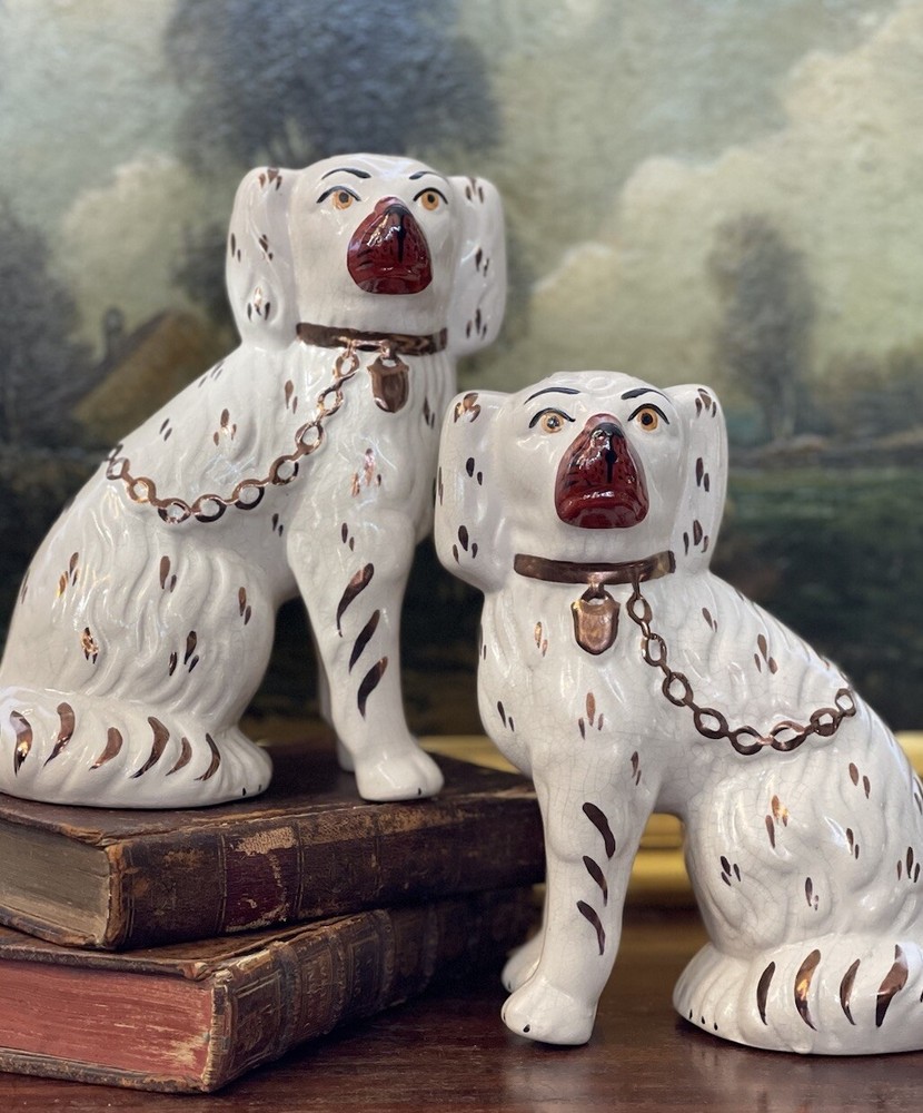 🎄🎄🎄 Splendid Rare White English Staffordshire Spaniel Mantle Dog Pair 6.75”