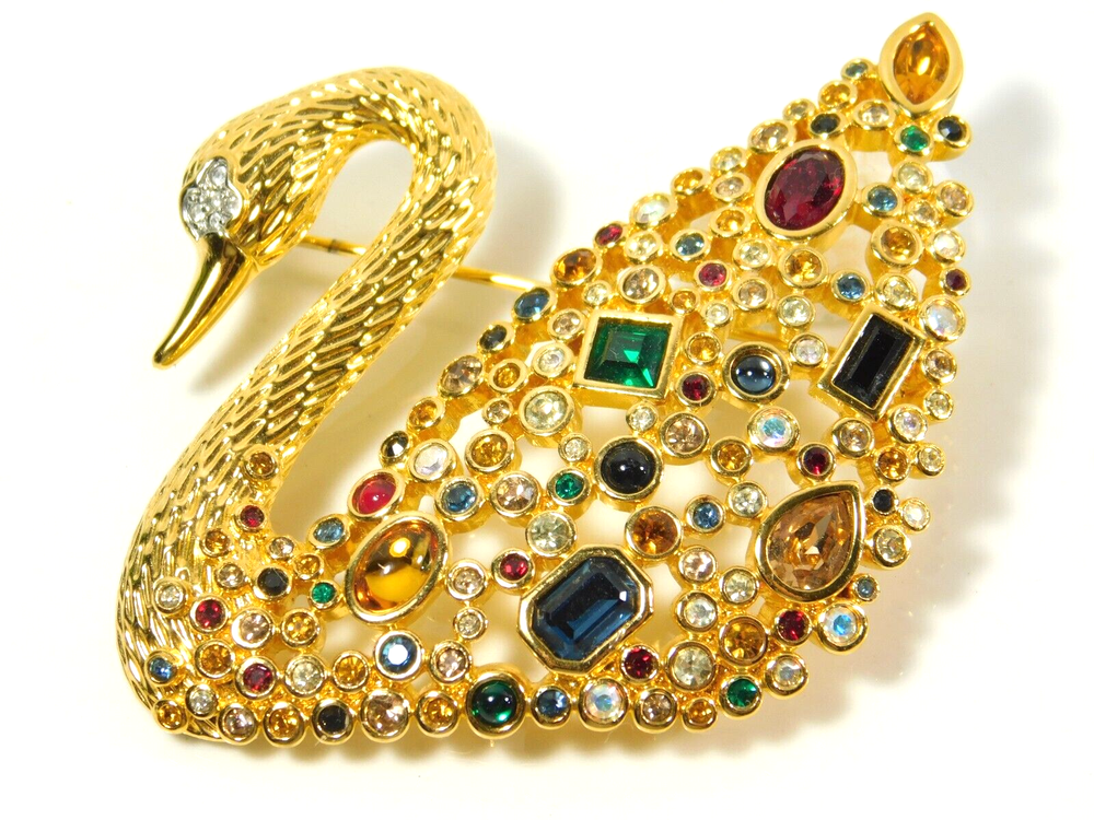 Swarovski Collectors Society Gold Tone Multicolor Crystal Centenary Swan Brooch