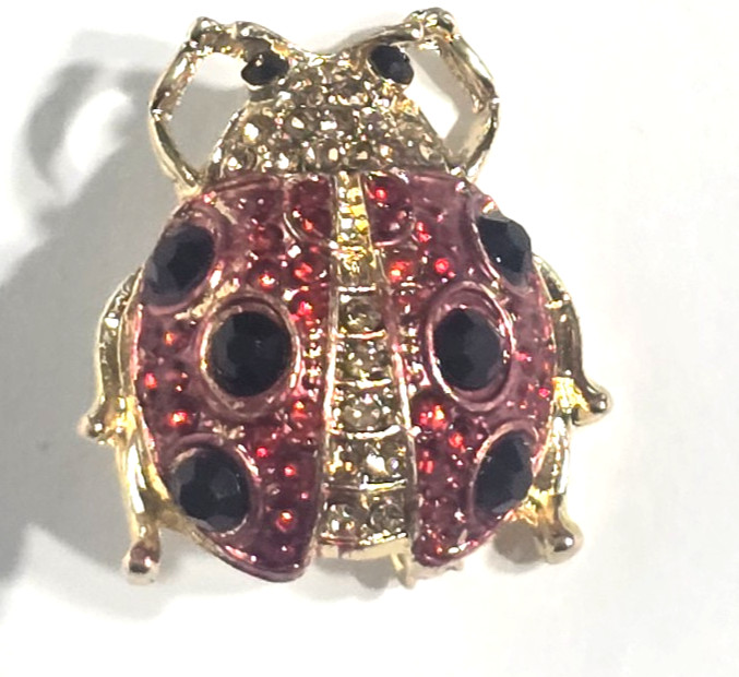 Vintage lady bug brooch gold black clear rhinestones gold and red tone 1