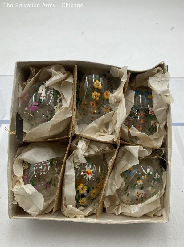 Set Of 2 Crystal Glass Floral Egg Shape Decorative Hand Painted Ornaments