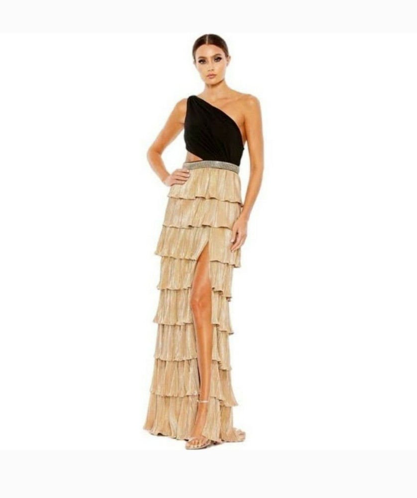 Ieena for Mac Duggal Metallic One Shoulder Ruffle Tiered Gown Black Gold Sz 10