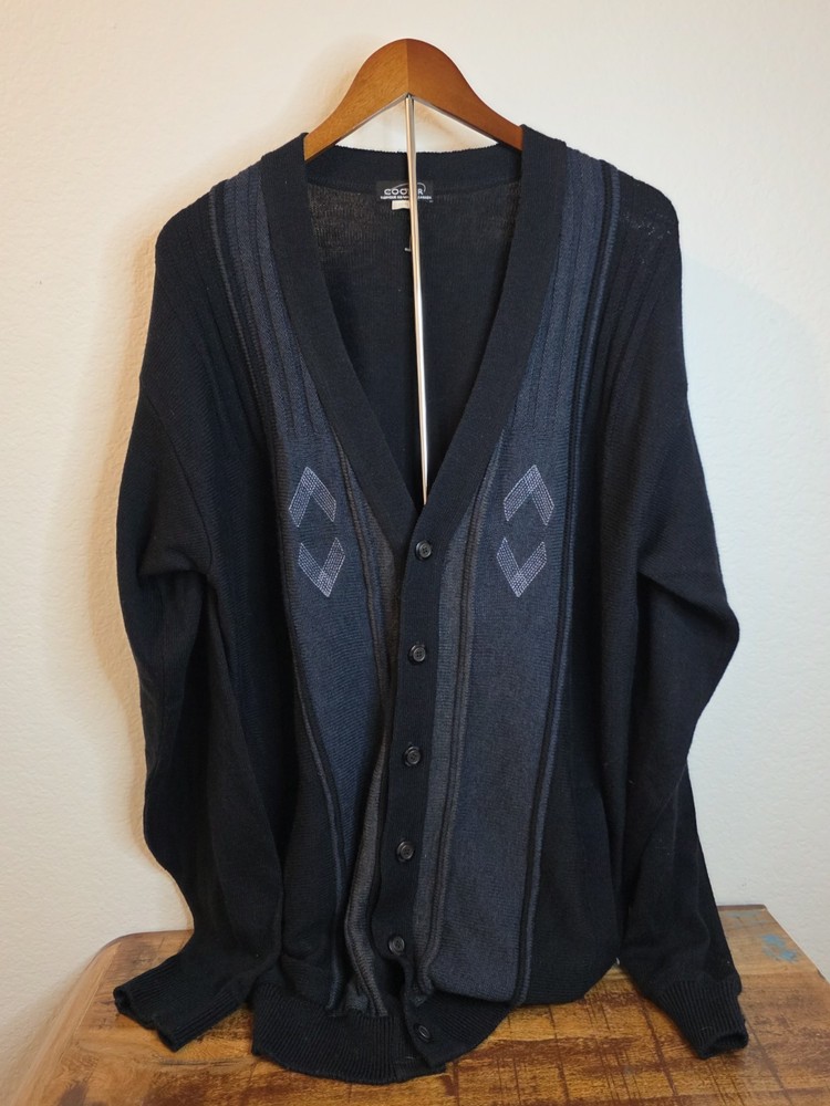 Vintage Cooper Knitting Mills Men's Black and Gray Wool Blend Cardigan Large Tal