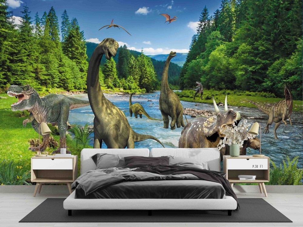 3D Forest River Dinosaur Animal Wall Murals Stickers for Modern Decor