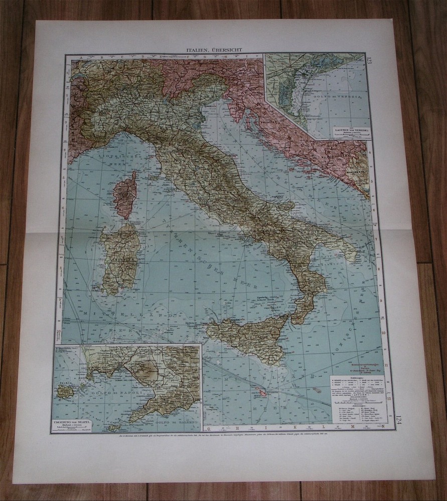 1914 Original Antique Map Of Italy Tuscany Sicily Rome Naples Venice Calabria