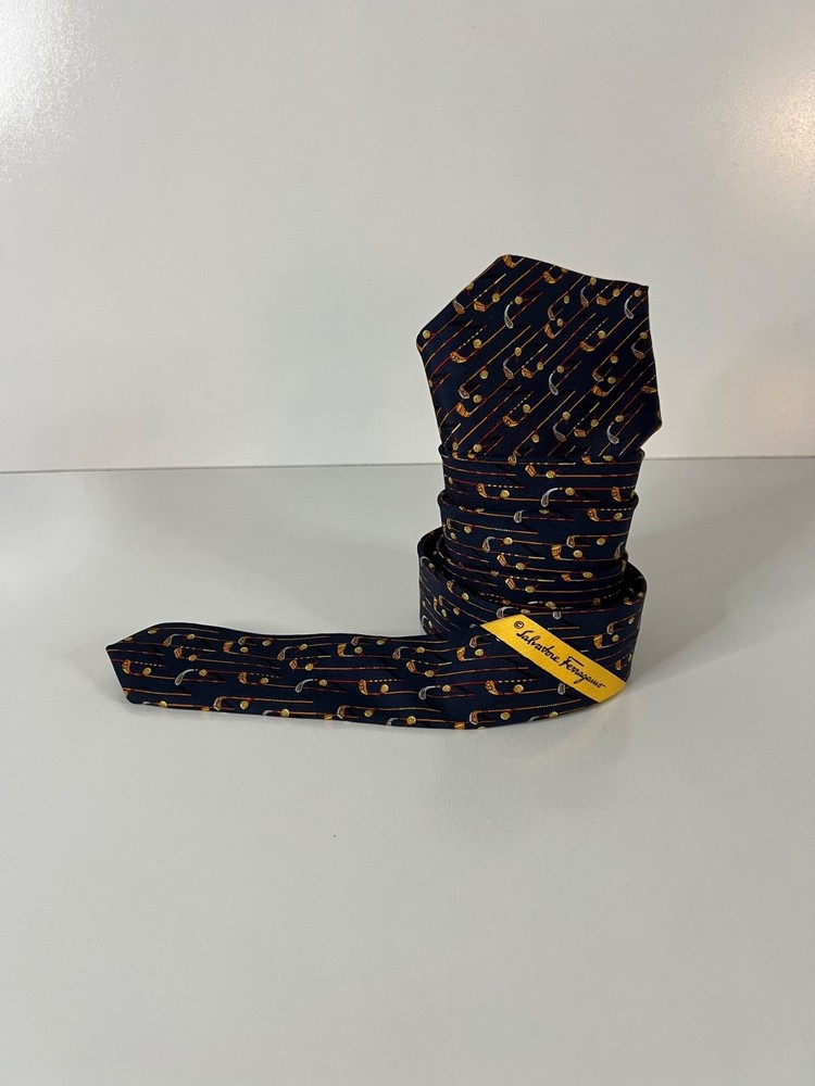 SALVATORE FERRAGAMO Tie 100% Silk Golf Clubs Print Made In Italy