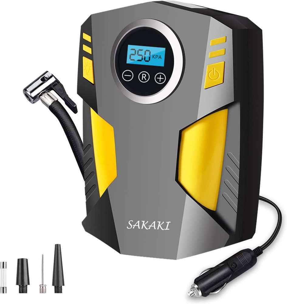 Portable Yellow Tire Inflator with 3 Nozzles - Car Air Compressor Pump