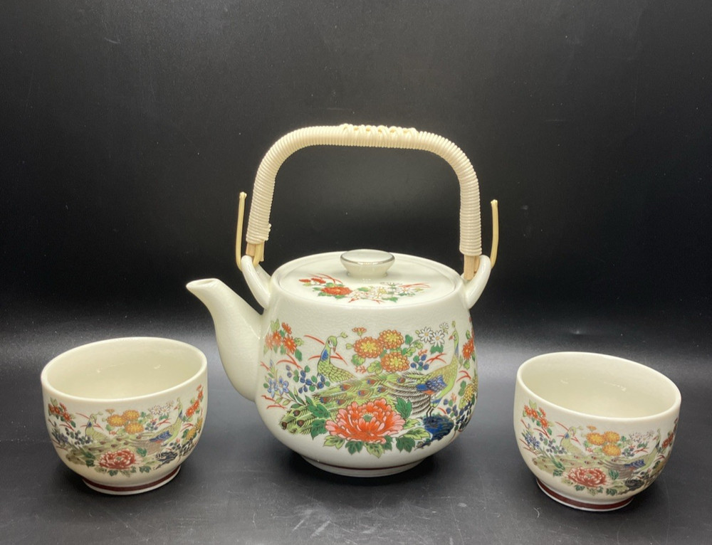 Vintage Japanese Porcelain Tea Set Hand Painted  Pot With Two Cups Peacock