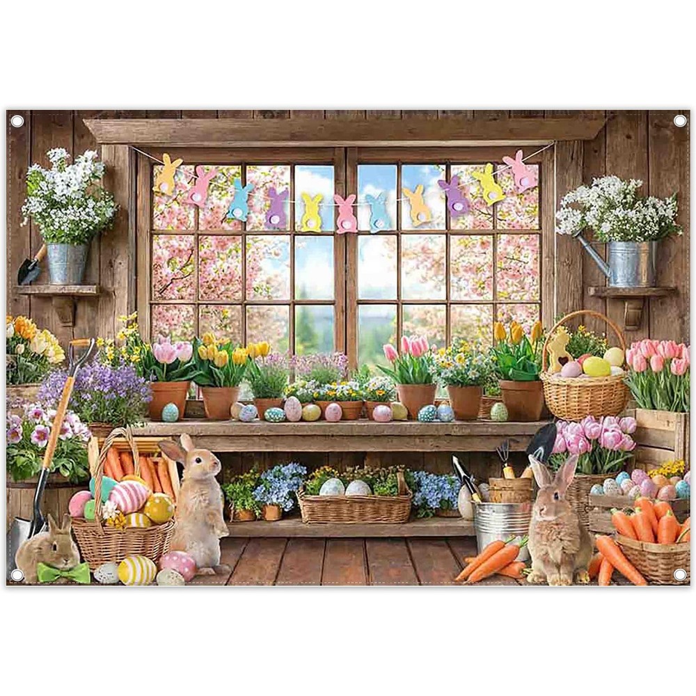 7x5ft Spring Easter Backdrop Wooden Window Garden Bunny Floral Tulip Basket C...