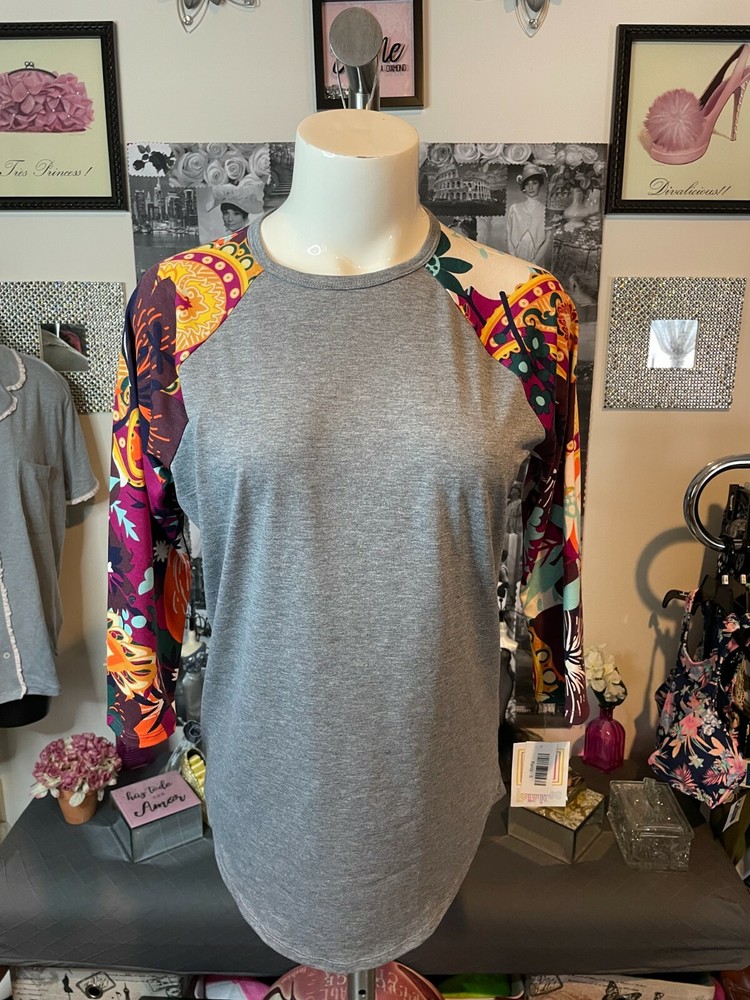 New Woman's LuLaRoe Gray with Dark multi-color 3/4 Sleeve RANDY Top Size S