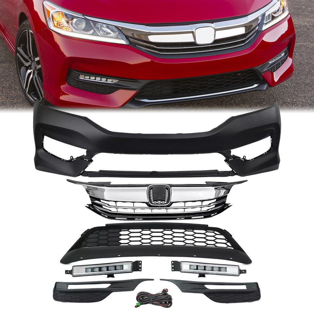 For 2016-2017 Honda Accord Front Bumper Upper Lower Grill & LED Fog Lights Set