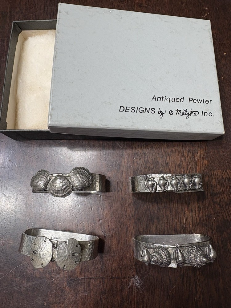 Metzke Antiqued Pewter Napkin Rings 1977 Set 4 EUC Original Box Seashells
