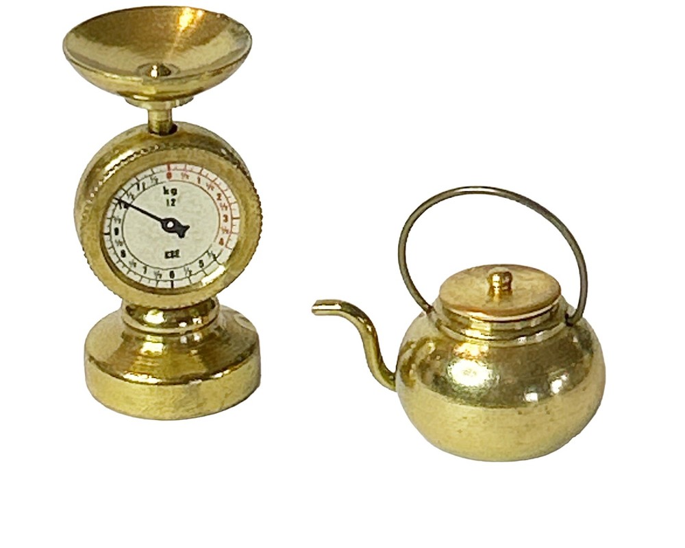 Lot of 2 Vintage Dollhouse Miniature Teapot Kettle & Brass Toy Accessory Kitchen