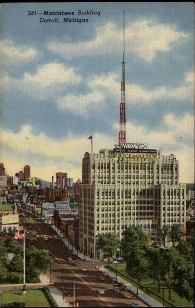 Maccabees Building Detroit Michigan aerial view ~  dated 1956 vintage postcard