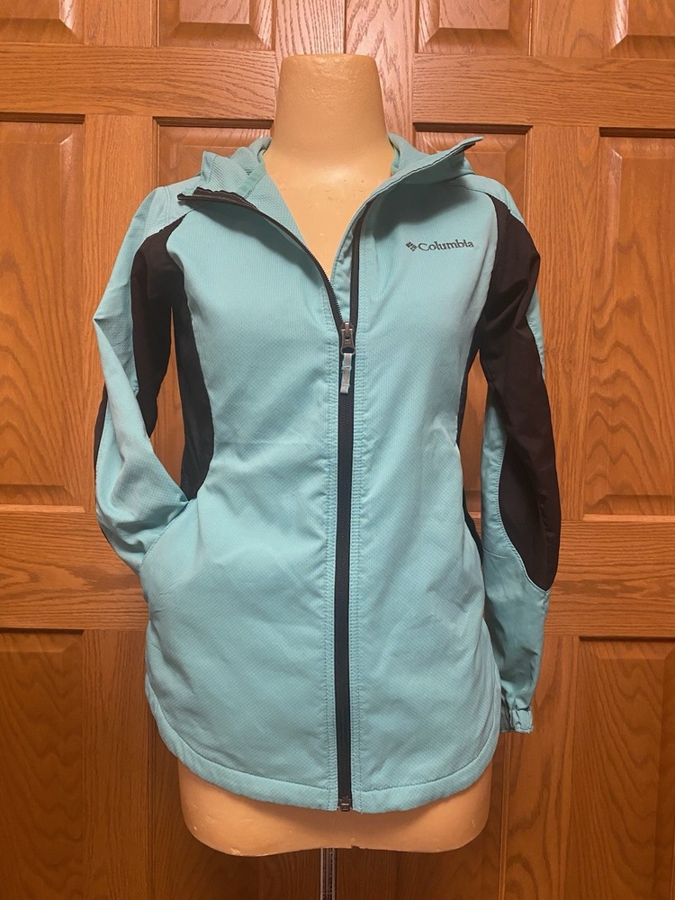 Columbia Women's Teal Black Windbreaker Jacket Hooded Full Zip Size L