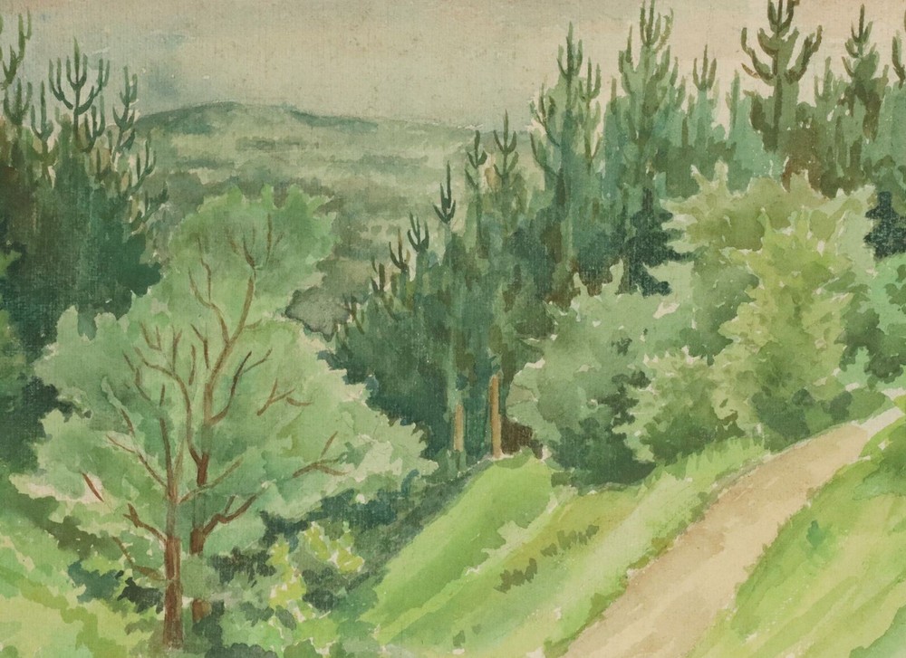 Antique European forest landscape watercolor painting for art collectors
