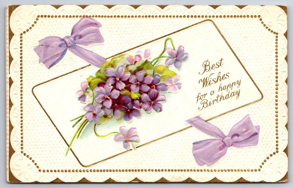 Greetings~Purple Violets & Ribbon Best Wishes For Birthday~Vintage Postcard