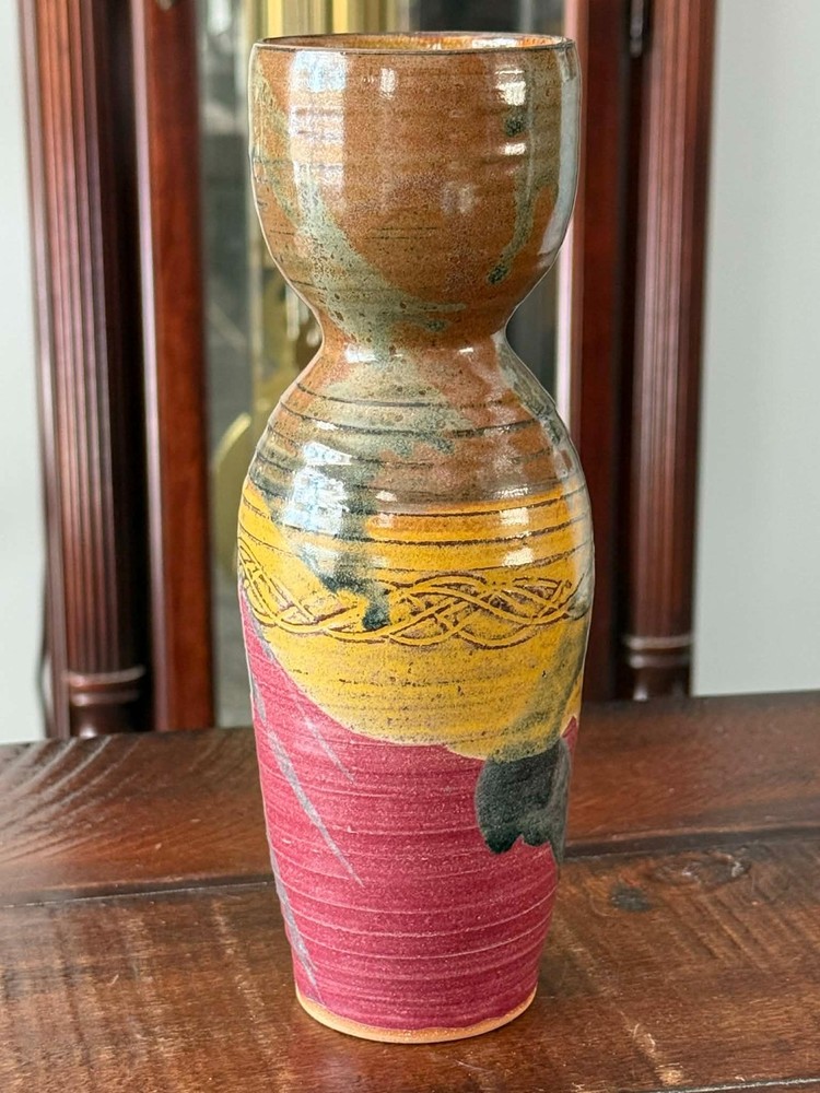 Vintage Studio Pottery Textured Stoneware Hourglass Bulb Vase 9