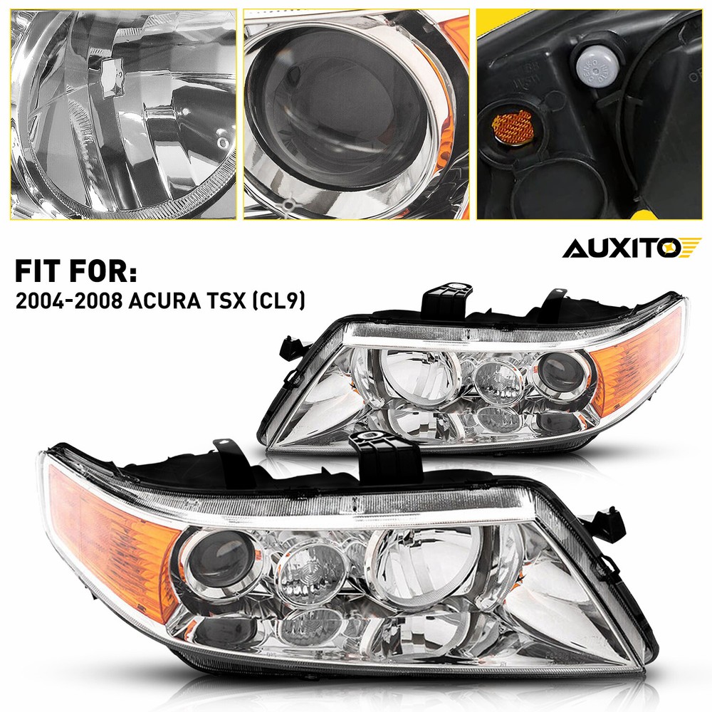 Chrome Amber Replacement Head Lights Lamps Set For 2004-2008 Acura TSX