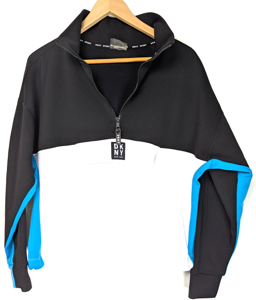 DKNY Sport Womens M Color Block 1/2 Zip Sweatshirt Black White Blue Pockets