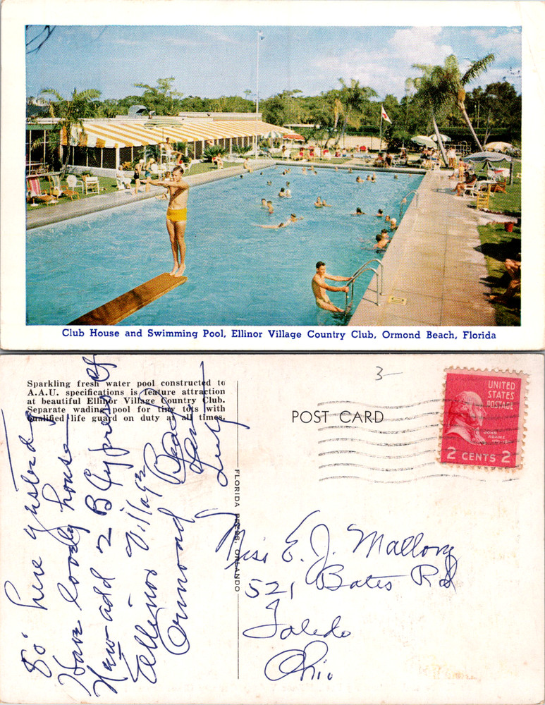 Vintage Postcard Ellinor Village Country Club Swimming Pool Ormond Beach Florida
