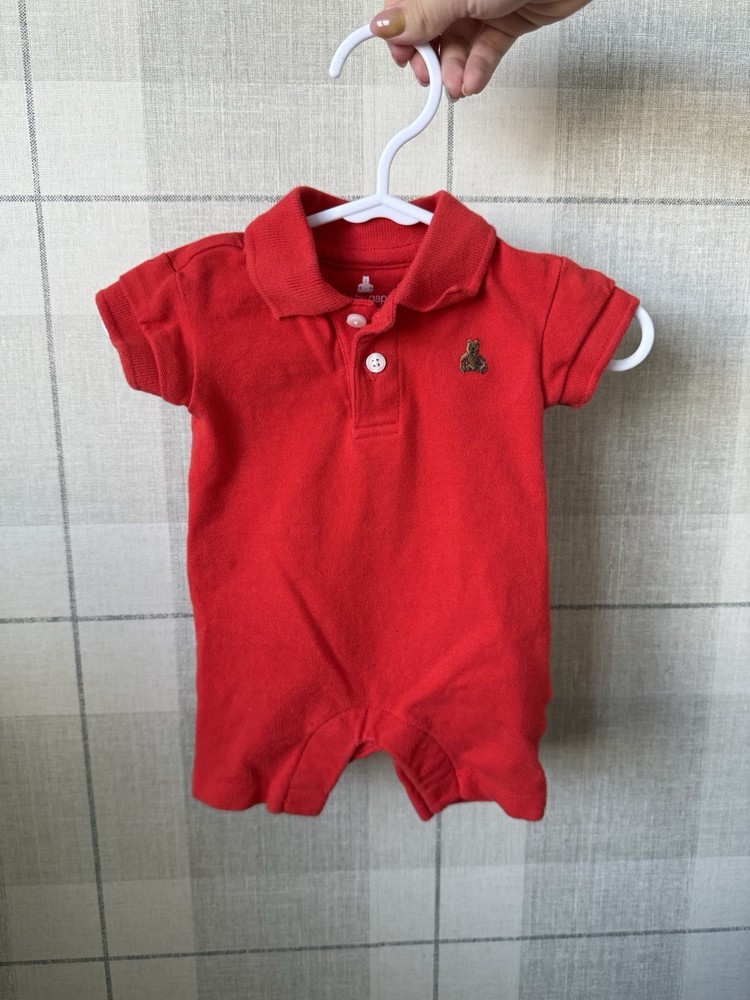 Polo Ralph Lauren Red Short Sleeve Collared Romper One-Piece with Logo & Buttons