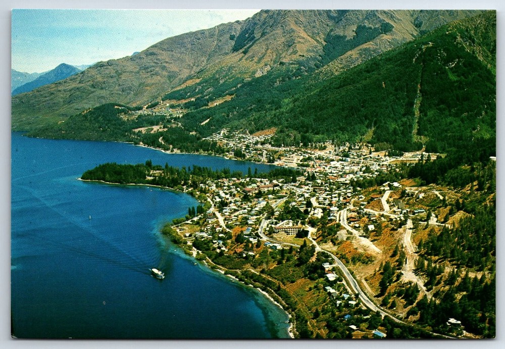 Vintage Queenstown NZ Aerial View Lake Wakatipu Color Postcard