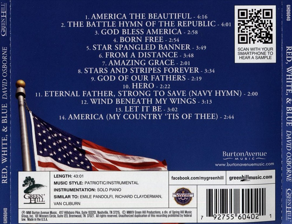DAVID OSBORNE RED, WHITE & BLUE: PATRIOTIC & INSPIRATIONAL SONGS ON SOLO PIANO N