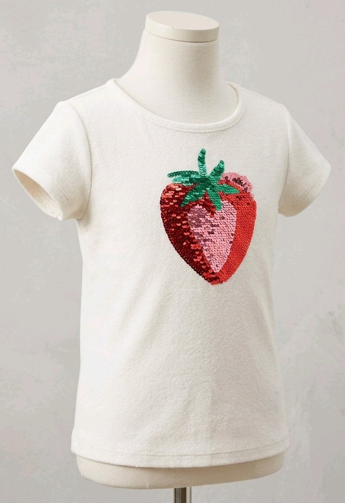 Girls White T-Shirt Size M 7-8 Sequin Strawberry Short Sleeve (260518-01)