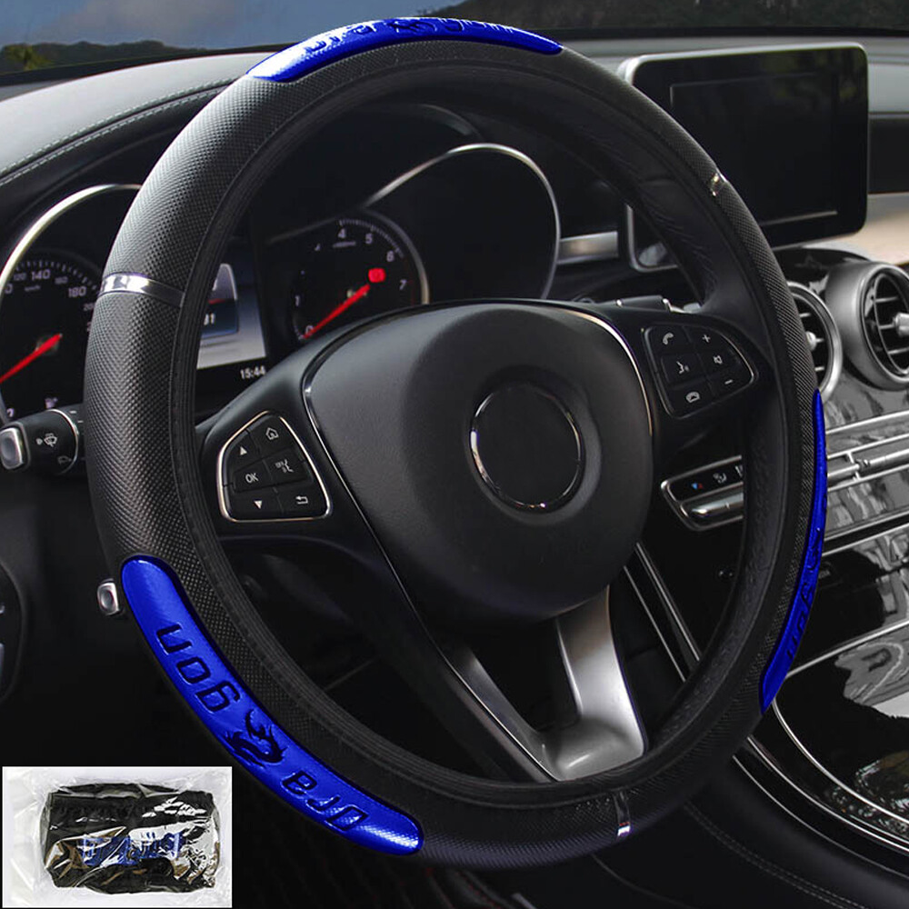 1pc Blue Black Leather Anti-Slip Car Steering Wheel Cover 38cm
