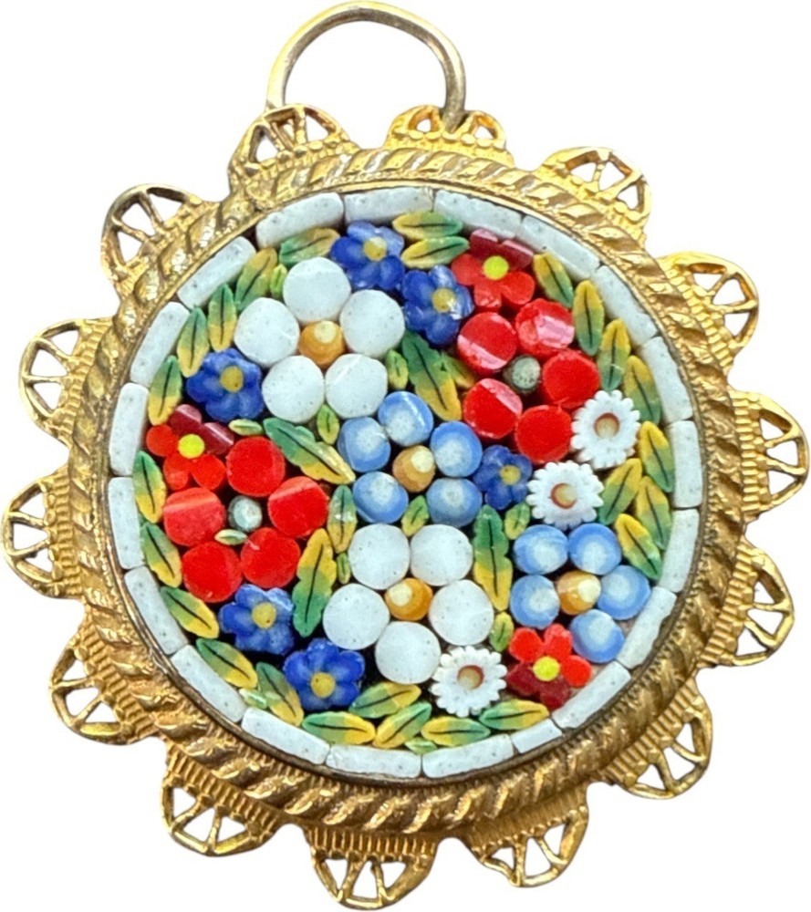 Vintage Italian Micro Mosaic Pendant With Floral Design & Gold-Tone Frame
