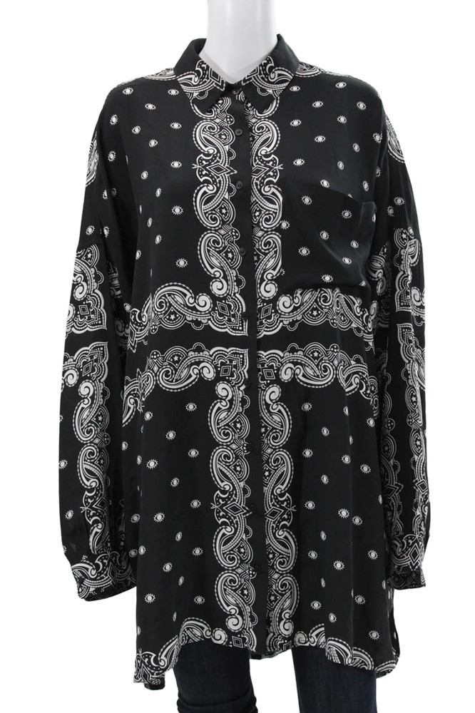 Kendall + Kylie Women Silk Paisley Tunic Button Black Long Sleeve Size MFree Shipping in US $100+ Orders | $6.95 Orders Below