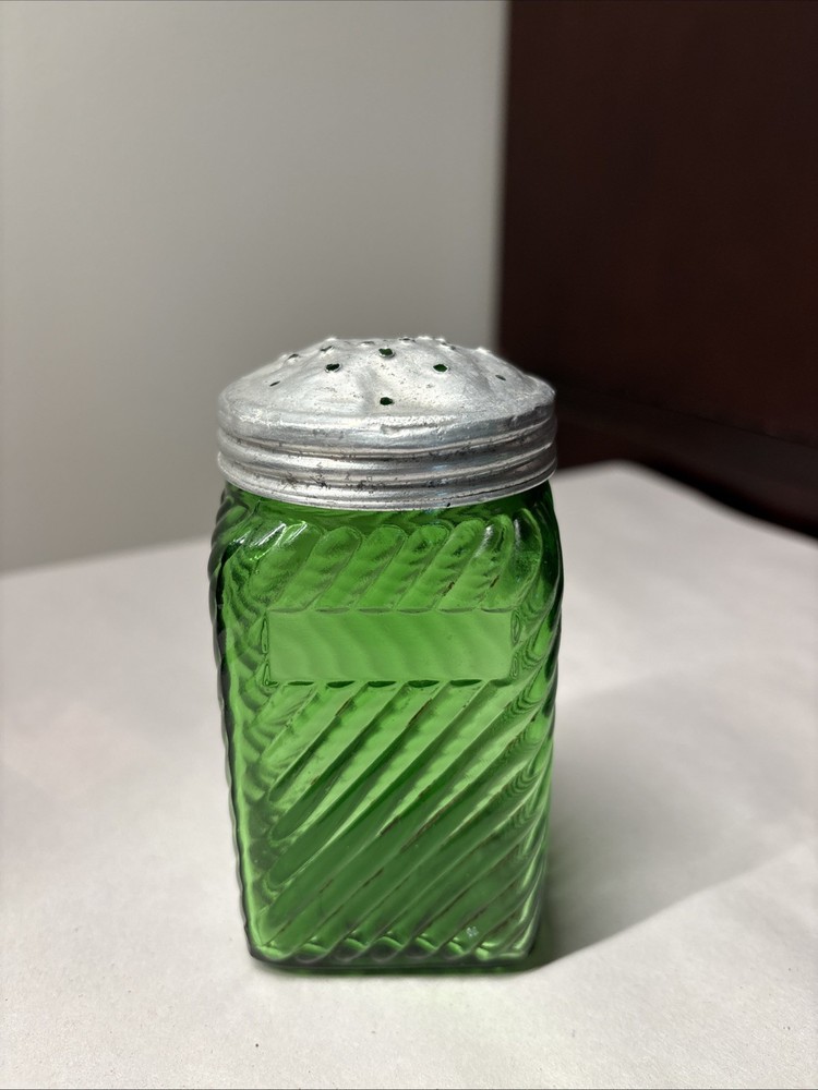 Vintage Green Glass Owens-Illinois Diagonal ribbed Shaker With Metal Lid 5