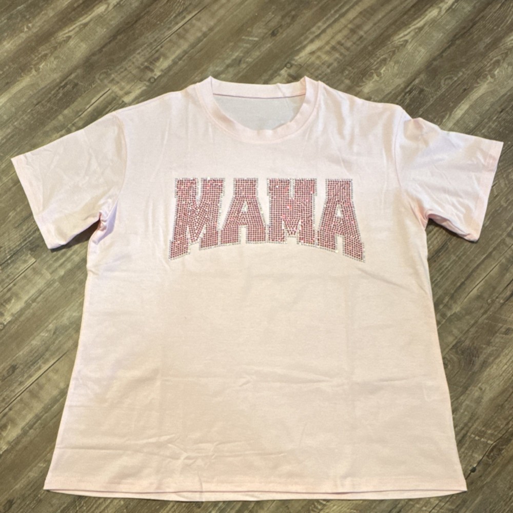 Pink Rhinestone Mama T-Shirt XL Polyester Rayon Spandex Short Sleeve