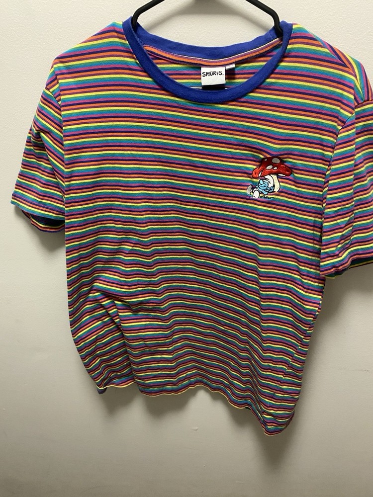 The Smurfs T-Shirt Mens Xl Colorful Striped Embroidered Mushroom Short Sleeve