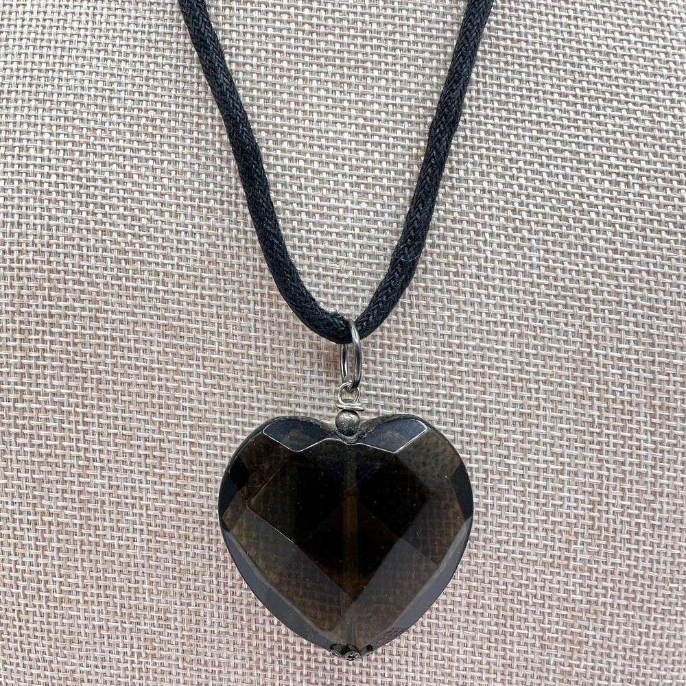Vintage Y2K Smokey Quartz Heart Pendant Necklace Black Cord Statement Jewelry