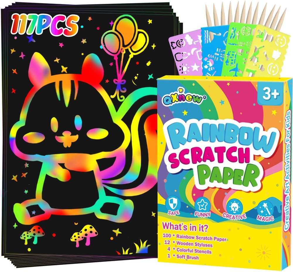 Scratch Paper Gifts Sets 117PCS Magic Rainbow Scratch Off Art-Crafts Paper Pa...