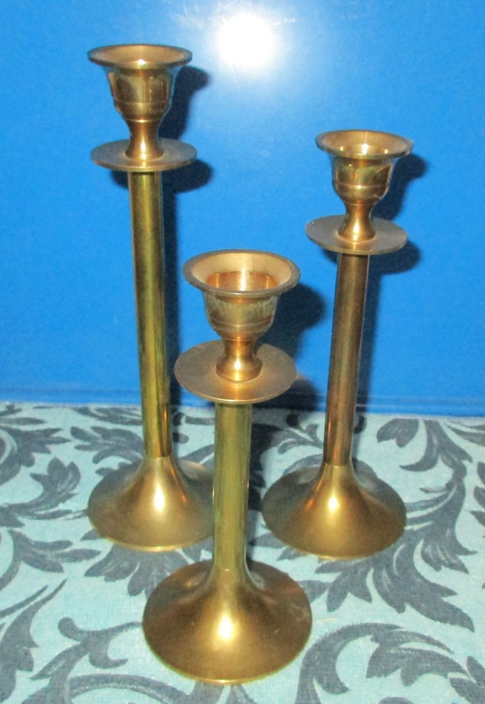 Set of 3 Vintage Brass Graduated Size Candle Stick Holders