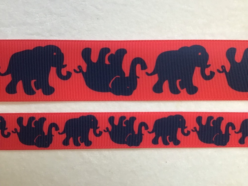 Navy blue elephant design on 7/8-inch red grosgrain ribbon with 1.5-inch trunks  